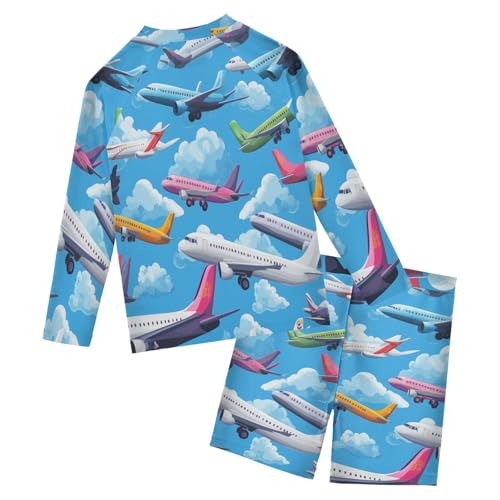 Aircraft Cloud Print Boys Swimsuit Rash Guard Toddler Kids Long Sleeve Swim Shirt and Trunks Swimwear Set 3-10Y2