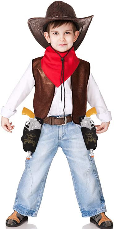 Gojoy shop Disfraz de Chaleco Vaquero Cowboy para niños Fiesta San Fermín, contiene: chaleco, sombrero, pañuelo rojo y jueguete de pistola con funda. (3 tallas diferentes) (10 12 AÑOS)