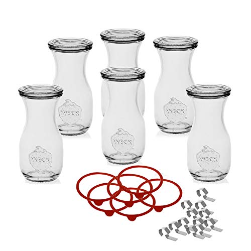 Weck 6 Gläser Flaschen, 290ml mit Deckel, Klammern und Einkochring-Original, Durchsichtig