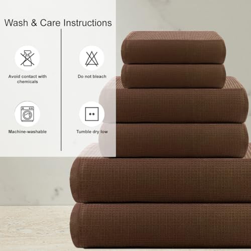 Image of Casa Copenhagen, Egyptian Cotton - Waffle Terry Towel 6 Piece Set, Includes 2 Bath Towels 2 Hand Towels 2 Washcloths - Brown