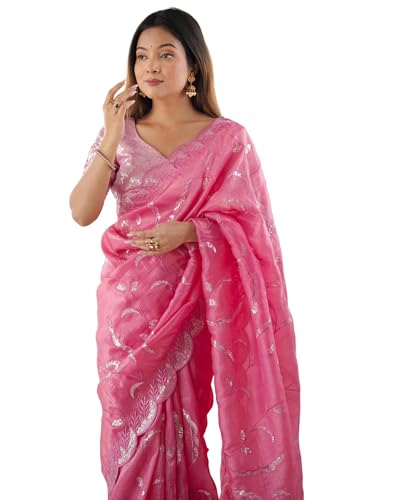 Image of SIRIL Women's Tissue Silk Sequence Embroidery Saree With Unstitched Blouse Piece