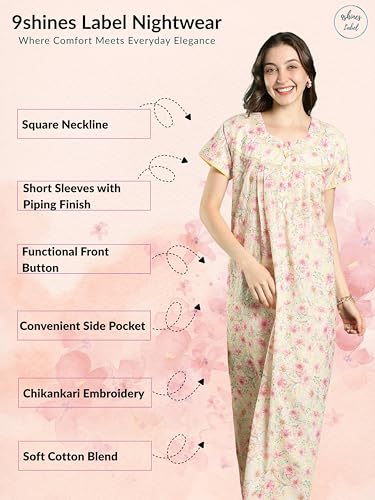 Image of 9shines Label Stylish Chikankari Cotton Nighty Maxi for Women | Full Length Nightgown | Nightdress with Pocket | Embroidery Nighty | Soft Comfortable Cotton Nightwear (1545)