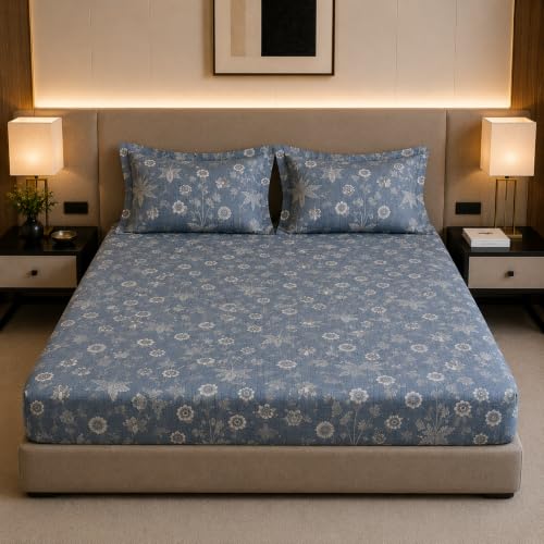 Image of Linen Home Cotton Percale Fitted Bedsheet Set Queen Size Floral Blue