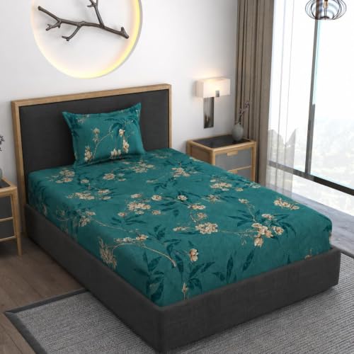 Image of Premium Heavy Cotton Elastic Fitted Bedsheets with 1 King Size Pillow Covers | Single Bed with All Around Elastic 350 TC | 36 x 78 x 6 Inch Single Size Fitted | - Green Flower