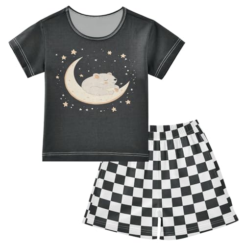 Checkerboard Plaid Bear Moon Black Pajama Set Short Sleeve Summer Pajamas Shorts Sets PJ Clothes Set Soft 5Y