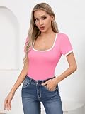 Missufe Damski top z krótkim rękawem na lato Basic z dzianiny, Rosa, M