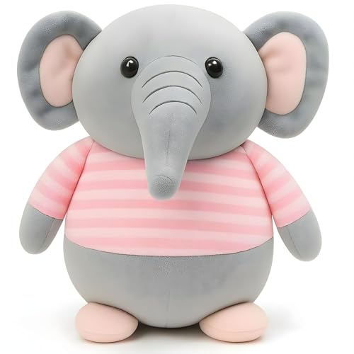 Image of Fun4you Plush Elephant Stuffed Animal Toy with Blue Striped T-Shirt, Soft Toy for Kids, Grey (Pink)