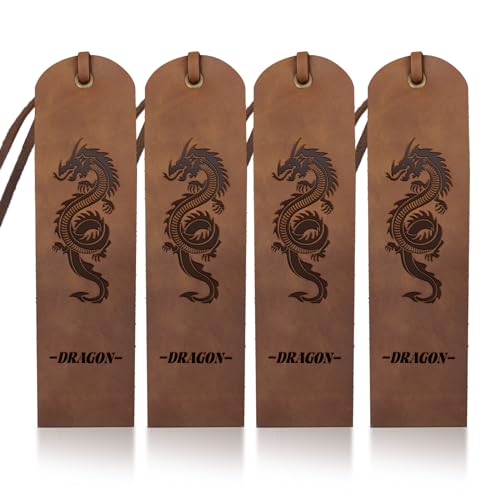 MAYJOYDIY 4pcs Dragon Leather Bookmark Leather Page Markers 5×18cm Cool Medieval Dragon Handmade Vintage Book Mark for Book Reading Bookworms Writers Man Women Gifts