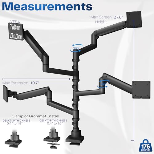 Image of VIVO Pneumatic Arm Quad Ultrawide Monitor Extra Tall Desk Mount for Up to 49 inch Screens Individual Arm Capacity, Max 38 inch Screens for 4 Ultra Wides Up to 44 lbs, Black, STAND-V400D
