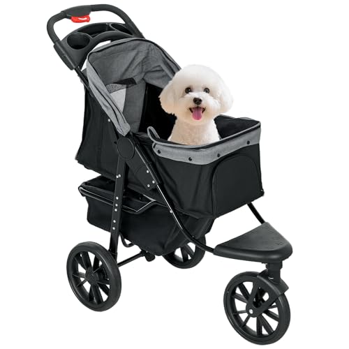 PawHut Carrito para Perros Plegable Cochecito para Mascotas Carrito para Perros Pequeños con 3 Ruedas Ventanas de Malla Cesta y Correas de Seguridad Carga 25 kg 109,5x57,5x106,5 cm Gris