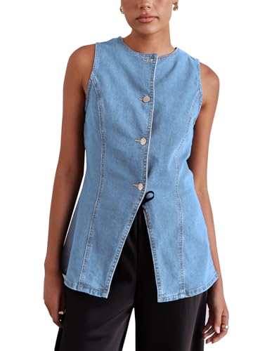 EZAPINE Women’s Long Denim Vest Waistcoat Vest...