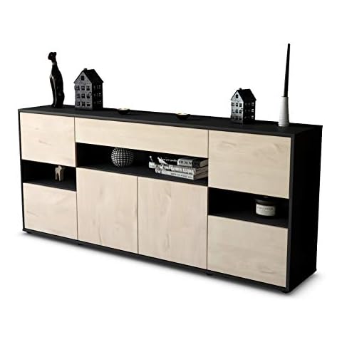 Stil.Zeit Sideboard Ginevra - Korpus anthrazit matt - Front Holz-Design Zeder Push-to-Open Technik & Leichtlaufschienen Cover