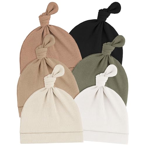 Image of Konssy Baby Beanie Hats - Soft and Stretchy Knot Top Newborn Beanies for Infants, Baby Girls & Boys (0-6 Months)