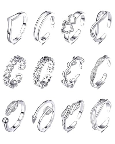 TPZORJX 12 Piezas Juego Anillo Pie con Punta Abierta para Mujer y Niñas Anillo Ajustable Simple para Nudillos Anillos de Pies Joyería para Pies，anillo dedo del pie (Plata)