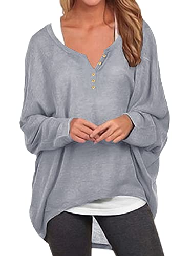 ZANZEA Damen Asymmetrisch Langarmshirts V-Ausschnitt Sweatshirts Oversize Blusen Lose Tops Knöpfe Hellgrau Medium Cover