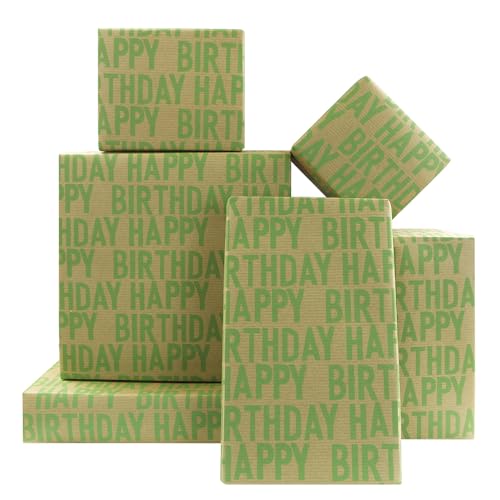 Boerni Papel de regalo de cumpleaños de 50 x 70 cm, 4 hojas plegadas, color verde, papel kraft perfecto para hombres y mujeres, envoltura de regalo, baby shower, decoraciones de cumpleaños