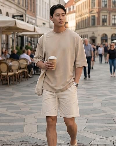 Image of BARKEYO Men's Half Sleeve Round Neck French Terry Oversized Drop Shoulder T-Shirt for Men