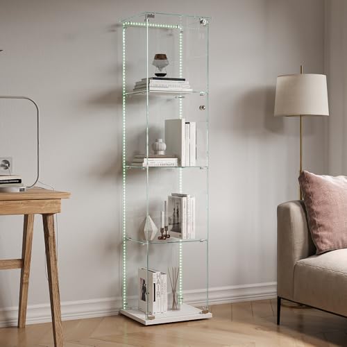 Vitrine en verre sur pied, armoire de collection avec LED, avec 1 portes et 4 étagères transparentes, meuble vitrine en verre pour salon, bureau (blanc, 1 porte + 4 niveaux + LED)