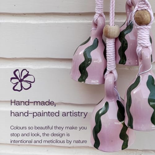 Image of Mundane | Macrame Bell Hanging with Handpainted Ceramic Bells | Wall & Balcony Home Decor (Pink Macrame- Gulabo)