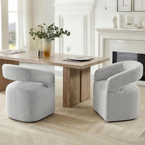 Image of KISLOT Upholstered Dining Chairs Set of 2, Modern Arm Kitchen & Dining Room Chairs with Hidden Casters, Linen Fabric Padded Rolling Chairs, Sturdy Wood Frame, 300 lbs Capacity, Light Grey