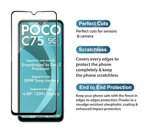 Image of HD Tempered Glass Screen Protector Compatible for Poco C75 5G, Redmi 14C 5G with Edge to Edge coverage and Easy Installation kit