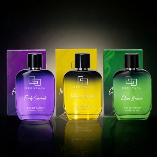 Image of Scentual Citrus Breeze, Mimosa Serenity & Fruity Serenade Eau De Perfum For Men & Women | Modern Lifestyle Long Fragrance Gift 10.2 oz Total (Pack of 3, 100ml Each)