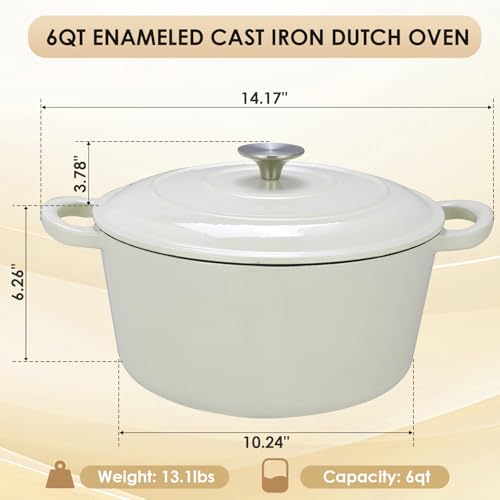 LIFERUN 6 Qt Enameled Cast Iron Dutch Oven Pot with Lid，Oven Safe up to 500° F, Heavy-Duty Non-Stick Dutch Oven with Dual Handles for Bread Baking, Fry Foods, Braising, Stews, Roasting (White) - Thumbnail 3