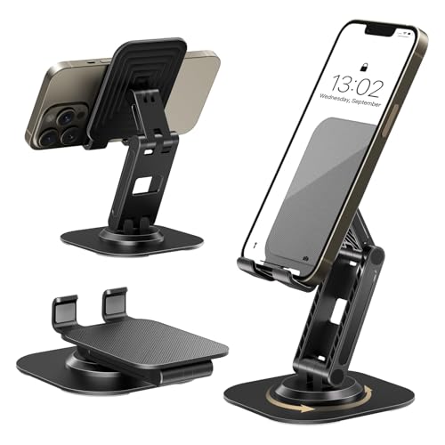 GlasFlength Soporte Móvil Mesa, Soporte para Movil con Base giratoria de 360 Grados Porta Movil Plegable Y Ajustable Múltiples Ángulos para iPhone 15 14 13 12 11 Huawei Galaxy Alle Smartphones (Negro)