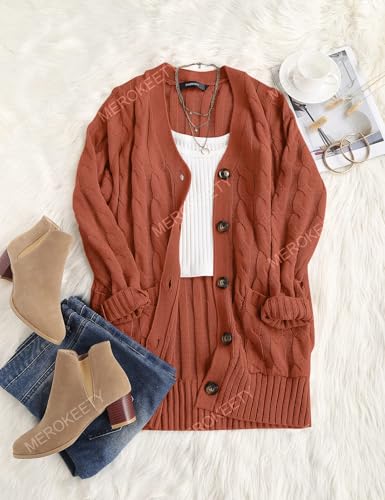 Merokeety MKCARDIGANS20-RUST-M-T01 Women'S 2024 Fall Long Sleeve Cable Knit Sweater Open Front Cardigan Button Loose Outerwear Rust thumb #4