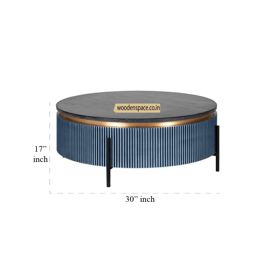 Image of WOODEN SPACE Premium Luxury Nazaara Marble-Top Coffee Table with Iron Legs & PVD Coating | Modern Round Wooden Center Table for Living Room & Entryway (Blue)