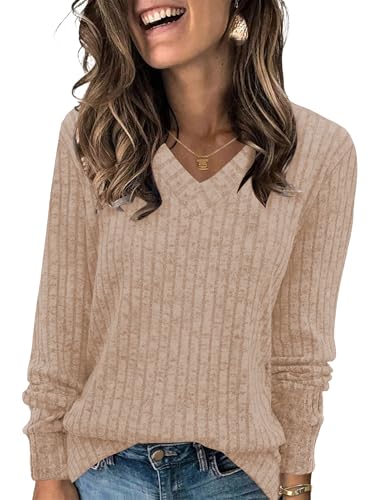 Image of Zeagoo Long Sleeve Shirts for Women V Neck Casual Sweaters Basic Knit 2025 Fall Fashion Pullover Tops