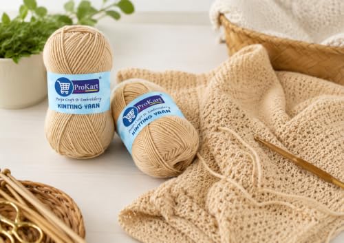 Image of ProKart Premium Woolen 4 ply Hand Knitting Wool Yarn | Fine Weight Knitted and Crocheted Soft Yarn for Sweater, Scarf, Hat, Baby Clothes,(1 Ball /100 Gram Each) (Scotch Mist /Beige, 100gms x 2 Pack)