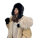Women Fashion Trapper Hat Girl Winter Skiing Hat Ear-Flap Faux Fur Warm Aviator Hat Windproof Russia Hooded with Furry Ball Black