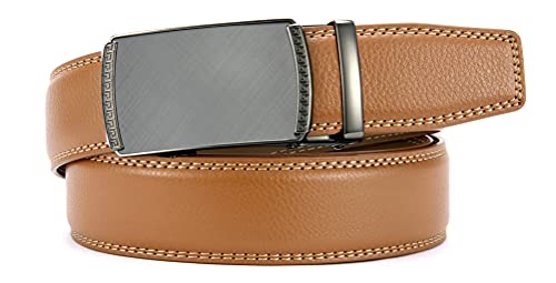 Image of Chaoren Leather Ratchet Belt 2 Pack Dress with Click Sliding Buckle 1 3 /8 inch in Gift Set Box - Adjustable Trim to Fit