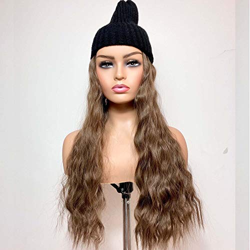 Knit Hat Synthetic Long Wavy Hair Beanie Cap for Women Wig Hat with