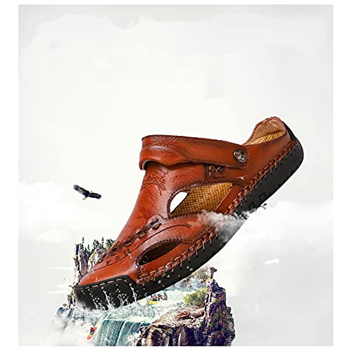 Wygwlg Summer Men's Sandals Breathable Beach Sandals, Genuine Leather Soft Breathable Shoes, Yellow brown-483