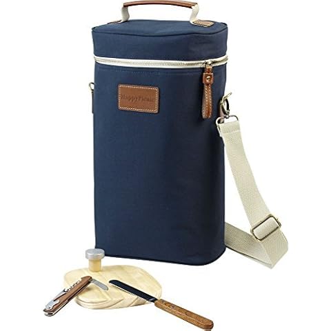 HappyPicnic 2 Bottle Wine Tote Bag,Insulated Travel Wine Carrier,2 Bottle Wine Bottle Cooler Bag Set with Picnic Carrying Tote Kit, Corkscrew,Bottle Stopper,Wooden Cheese Board Cover