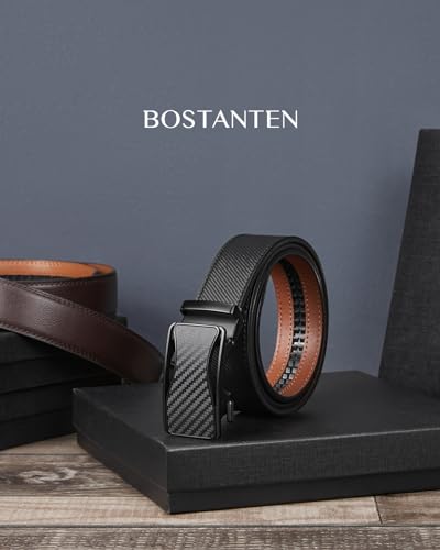Image of BOSTANTEN Ratchet Belts for Men Leather Trim to Fit 1 3 /8 inch Gift Boxed | Micro-Adjustable Buckle, Tailored Size, Holeless, Versatile for Dress Casual, Effortless Style