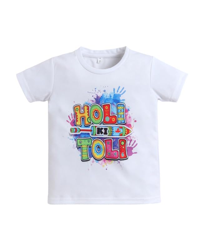 Image of The Magic Wand Kids Holi Festival Theme Printed T-Shirts, Girls Top, Boys Kurta Multicolored for Kids Baby Boys and Girls, Traditional Indian Wear Dress for Holi