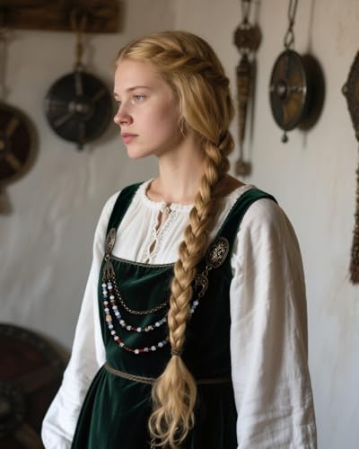 Image of Viking Apron Brooch Chains Medieval Renaissance Women Jewelry | Dress Cape Sweater Shawl Cloak Clasp with Chain, Beads, Celtic Norse Fantasy Elf Fairy Witch Accessory, LARP, Ren Faire