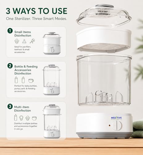 Image of MEDITIVE Electric Baby Bottle Sterilizer | 8-Min Fast 360 Sterilization | Aluminium Teflon Coated Heating Plate | Foldable Portable Sterilizer for Newborn Feeding Bottles & Accessories