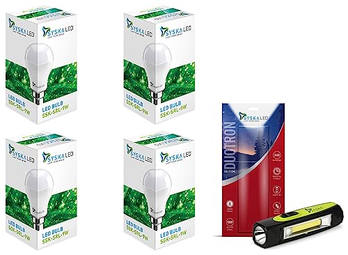 Image of SYSKA SRL 9W B22 Led Bulb (Cool Day Light Bulb, Pack Of 4, B22D Base) T112ML DUOTRON 1W Bright Led Rechargeable Torch (1, Green)
