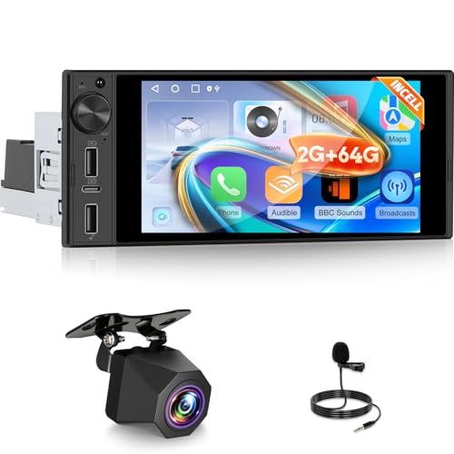 [2G+64G] Single Din Car Stereo with Wireless Carplay & Android Auto, 6 inch Incell Touch Screen Android Radio with WiFi/GPS Navigation/Bluetooth/Mirror Link/USB/FM/RDS/SWC/EQ/USB