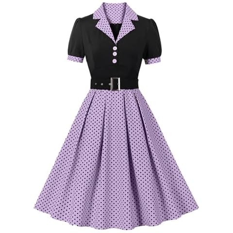 Nihsatin Women's Audrey Hepburn Rockabilly Swing Dress Swiss Dots Dress with Belt Light Purple Cover
