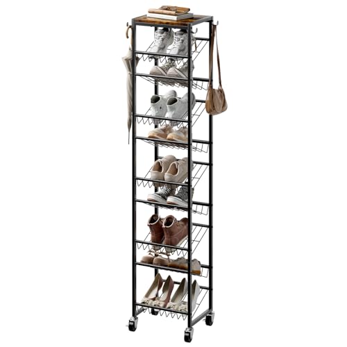 UNITSTAGE 10 Tier Rotating Vertical Shoe Rack Tower, Wooden Tall Shoe Storage Organizer with Hooks, Sturdy Metal Narrow Shoe Shelf for 20 Pairs, Space Saving Rack for Closet Entryway, Rustic Brown