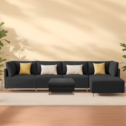 Image of Carina RHS 6 Seater L Shape Sofa Set with Center Table for Living Room (Black Fabric) Premium Fabric Sofa
