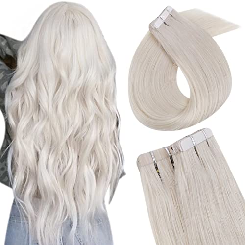 Easyouth 12 Inch Tape in Hair Extensions Human Hair Color White Blonde Tape in Extensions Remy Hair Invisible Blonde Hair Extensions Skin Weft Tape ins for Women 30g 20Pcs