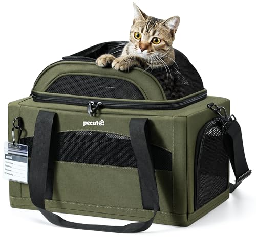 Pecute Expandable Pet Carrier Airline Approved Dog Cat Carrier, Breathable Soft-Sided with Locking Zippers, Pet Travel Bag for Small Dog Cat Leakproof Pee Pad (Dark Green)