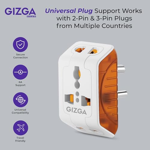 Image of Gizga Essentials 3 Pin Multi Plug Socket | Universal Travel Adaptor with Multiple Charging Ports, 6A Support, Compact Design | for Laptop, Smartphone, Hair Dryer, Iron