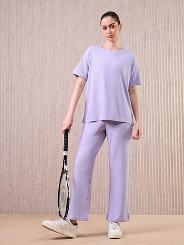 Image of TECHNOSPORT Women Relaxed Fit Cubic Melange Round Neck T-Shirt | Quick Dry Polyester Casual Tee with UPF 50+ UV Protection, Anti-Microbial & Double Cool Technology
